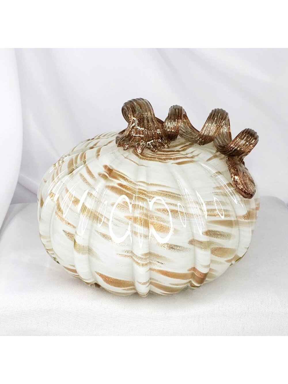 Hand-Blown Glass Pumpkin by Harvest Cottage Swirled White & Gold Glitter 5" Tall
